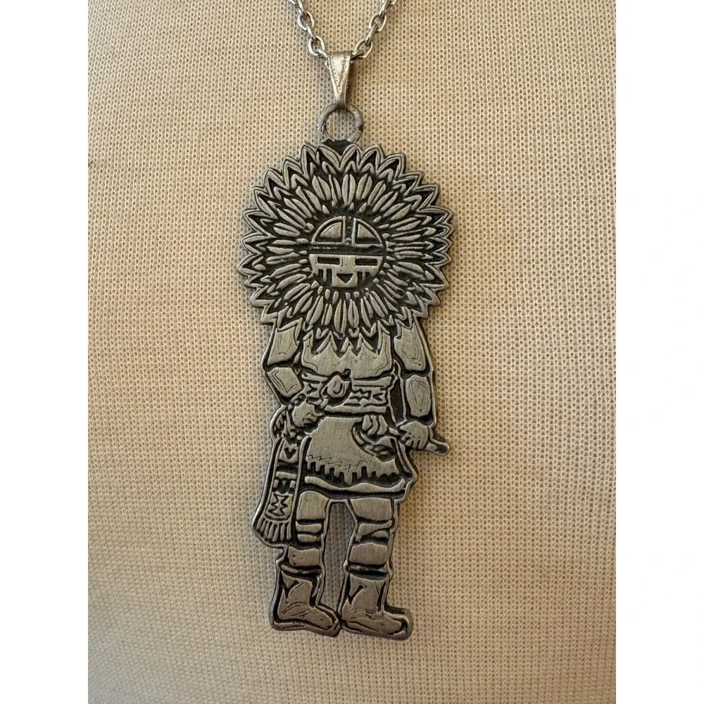Vintage Silver Tone Sunface Kachina Pendant Necklace Southwestern Style